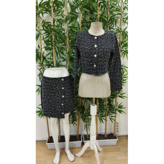 Kadın Uzun Kollu önü Düğmeli şanel Ceket Ve Etek Takım, 29028 Kadın Uzun Kollu önü Düğmeli şanel Ceket Ve Etek Takım, 29028