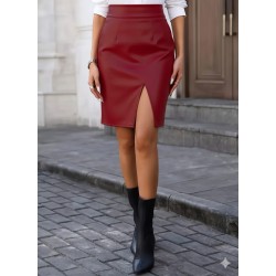 Kadın Yüksek Bel Yırtmaçlı Mini Deri Etek , 29033