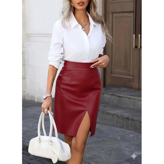 Kadın Yüksek Bel Yırtmaçlı Mini Deri Etek , 29033 Kadın Yüksek Bel Yırtmaçlı Mini Deri Etek , 29033