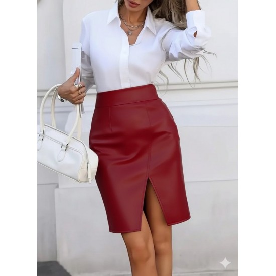 Kadın Yüksek Bel Yırtmaçlı Mini Deri Etek , 29033 Kadın Yüksek Bel Yırtmaçlı Mini Deri Etek , 29033