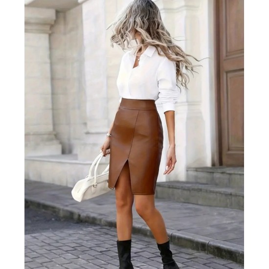 Kadın Yüksek Bel Yırtmaçlı Mini Deri Etek , 29032 Kadın Yüksek Bel Yırtmaçlı Mini Deri Etek , 29032