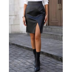 Kadın Yüksek Bel Yırtmaçlı Mini Deri Etek , 29031 Kadın Yüksek Bel Yırtmaçlı Mini Deri Etek , 29031