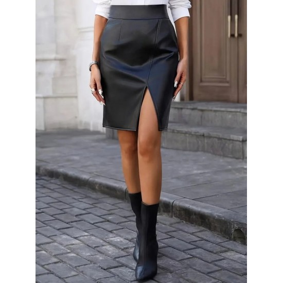 Kadın Yüksek Bel Yırtmaçlı Mini Deri Etek , 29031 Kadın Yüksek Bel Yırtmaçlı Mini Deri Etek , 29031