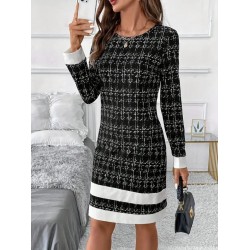 Kadın Uzun Kollu Yuvarlak Yaka Etek Ucu şerit Detaylı Kısa Dokuma Elbise, 28889