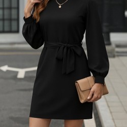 Kadın Uzun Kollu Kayık Yaka Belden Kuşaklı Kısa Ithal Krep Elbise , 29034 Kadın Uzun Kollu Kayık Yaka Belden Kuşaklı Kısa Ithal Krep Elbise , 29034