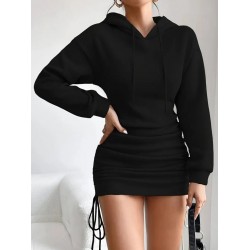 Kadın Uzun Kollu Kapşonlu Yandan Büzgülü Mini Viskon Iki Iplik Elbise , 29045