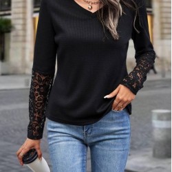Kadın Uzun Kollu V Yakalı Dantelli Waffle Bluz , 29042