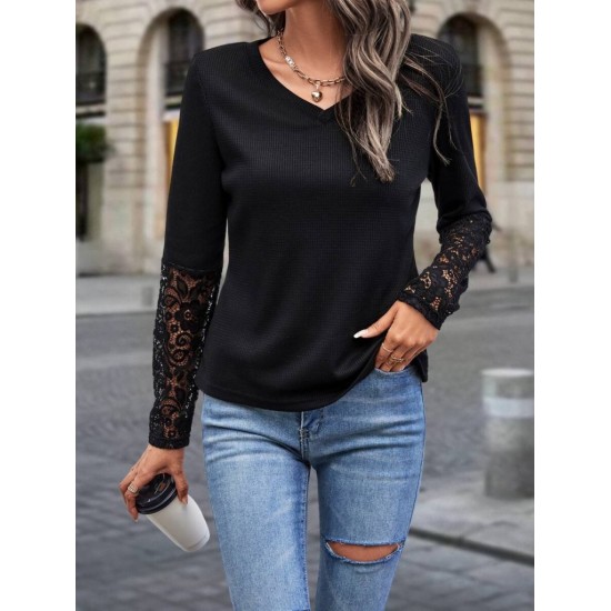 Kadın Uzun Kollu V Yakalı Dantelli Waffle Bluz , 29042 Kadın Uzun Kollu V Yakalı Dantelli Waffle Bluz , 29042