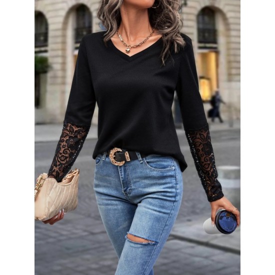 Kadın Uzun Kollu V Yakalı Dantelli Waffle Bluz , 29042 Kadın Uzun Kollu V Yakalı Dantelli Waffle Bluz , 29042