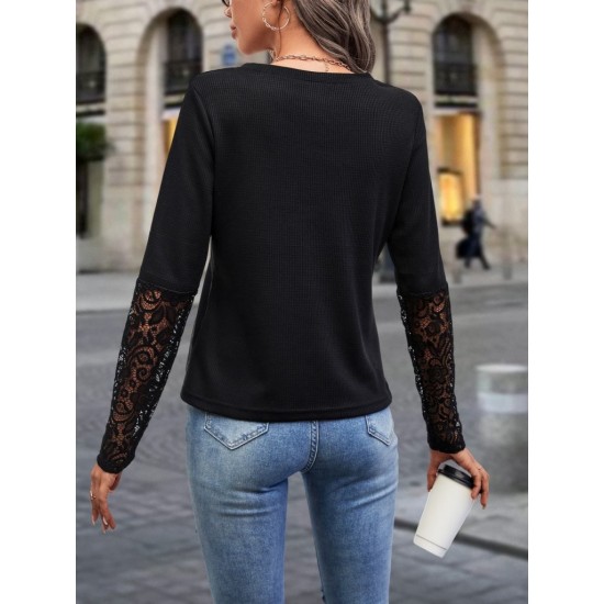 Kadın Uzun Kollu V Yakalı Dantelli Waffle Bluz , 29042 Kadın Uzun Kollu V Yakalı Dantelli Waffle Bluz , 29042