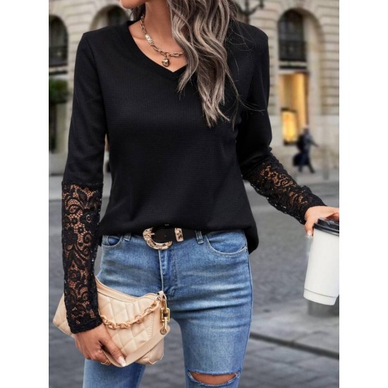 Kadın Uzun Kollu V Yakalı Dantelli Waffle Bluz , 29042 Kadın Uzun Kollu V Yakalı Dantelli Waffle Bluz , 29042