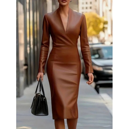 Kadın Uzun Kollu V Yakalı Deri Midi Elbise , 29040