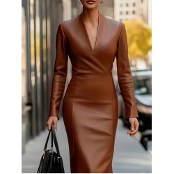 Kadın Uzun Kollu V Yakalı Deri Midi Elbise , 29040 Kadın Uzun Kollu V Yakalı Deri Midi Elbise , 29040