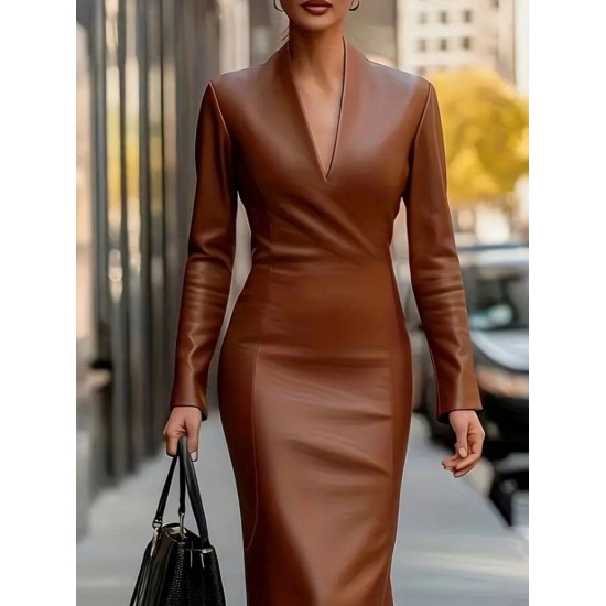 Kadın Uzun Kollu V Yakalı Deri Midi Elbise , 29040