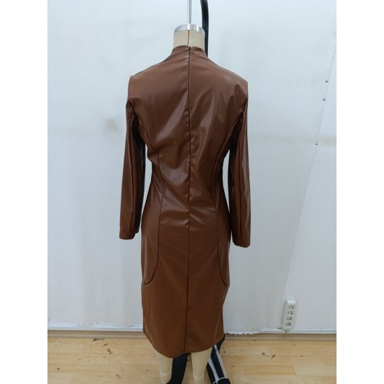 Kadın Uzun Kollu V Yakalı Deri Midi Elbise , 29040