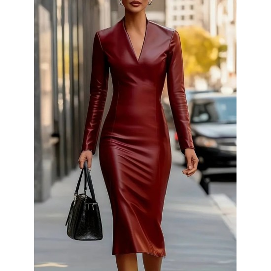 Kadın Uzun Kollu V Yakalı Deri Midi Elbise , 29039