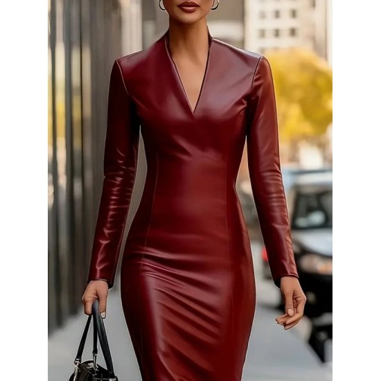 Kadın Uzun Kollu V Yakalı Deri Midi Elbise , 29039