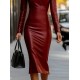 Kadın Uzun Kollu V Yakalı Deri Midi Elbise , 29039