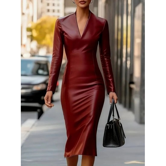 Kadın Uzun Kollu V Yakalı Deri Midi Elbise , 29039