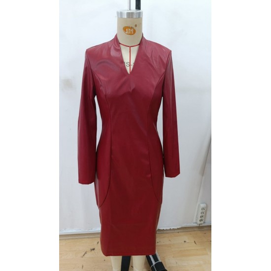 Kadın Uzun Kollu V Yakalı Deri Midi Elbise , 29039