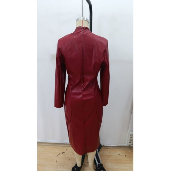 Kadın Uzun Kollu V Yakalı Deri Midi Elbise , 29039