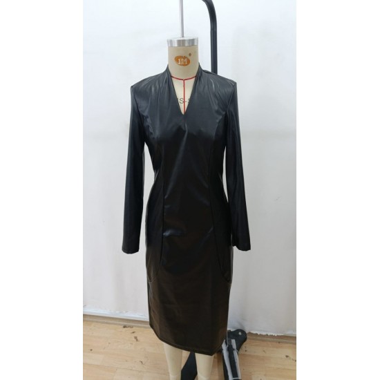 Kadın Uzun Kollu V Yakalı Deri Midi Elbise , 29038