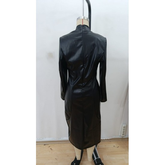 Kadın Uzun Kollu V Yakalı Deri Midi Elbise , 29038