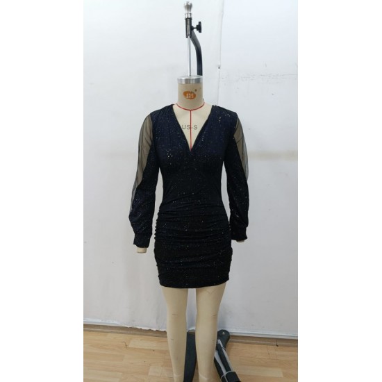 Kadın Uzun Kollu V Yakalısim Detaylı Mini Sandy Elbise , 29035