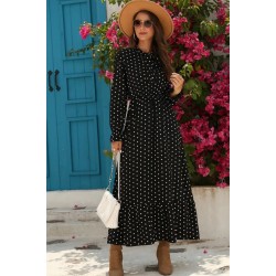 Kadın Uzun Kollu Yakası Bağcıklı Uzun Puantiyeli Krep Maxi Elbise , 29075