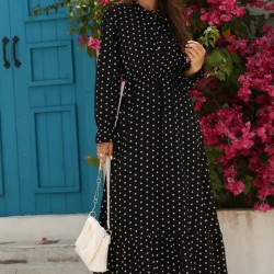 Kadın Uzun Kollu Yakası Bağcıklı Uzun Puantiyeli Krep Maxi Elbise , 29075