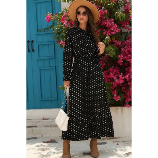 Kadın Uzun Kollu Yakası Bağcıklı Uzun Puantiyeli Krep Maxi Elbise , 29075