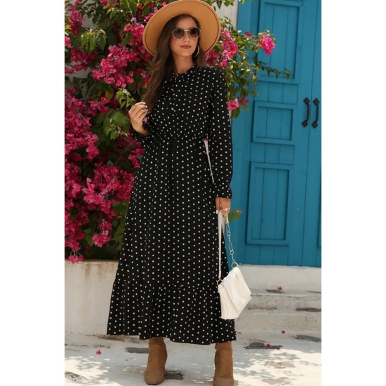 Kadın Uzun Kollu Yakası Bağcıklı Uzun Puantiyeli Krep Maxi Elbise , 29075