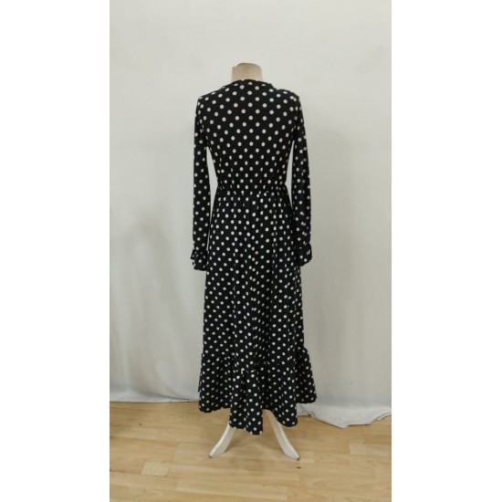 Kadın Uzun Kollu Yakası Bağcıklı Uzun Puantiyeli Krep Maxi Elbise , 29075