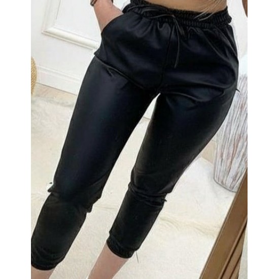 Kadın Yüksek Bel Lastikli Yan şerit Detaylı Deri Pantolon , 29065