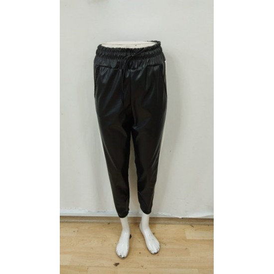 Kadın Yüksek Bel Lastikli Yan şerit Detaylı Deri Pantolon , 29065