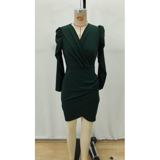 Kadın Uzun Kollu Kruvaze Yakalı önden çapraz Kesim Detaylı Mini Ithal Krep Elbise , 29061