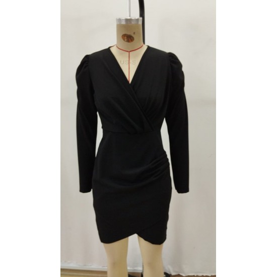 Kadın Uzun Kollu Kruvaze Yakalı önden çapraz Kesim Detaylı Mini Ithal Krep Elbise , 29060