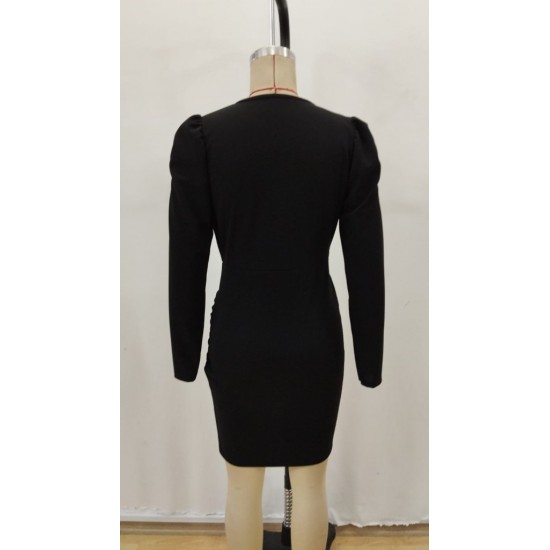 Kadın Uzun Kollu Kruvaze Yakalı önden çapraz Kesim Detaylı Mini Ithal Krep Elbise , 29060