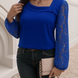 Kadın Uzun Kollu Asimetrik Yakalı Dantelli Ithal Krep Bluz , 29054