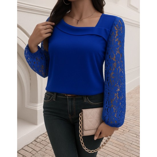 Kadın Uzun Kollu Asimetrik Yakalı Dantelli Ithal Krep Bluz , 29054 Kadın Uzun Kollu Asimetrik Yakalı Dantelli Ithal Krep Bluz , 29054