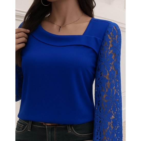 Kadın Uzun Kollu Asimetrik Yakalı Dantelli Ithal Krep Bluz , 29054 Kadın Uzun Kollu Asimetrik Yakalı Dantelli Ithal Krep Bluz , 29054
