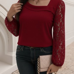 Kadın Uzun Kollu Asimetrik Yakalı Dantelli Ithal Krep Bluz , 29053