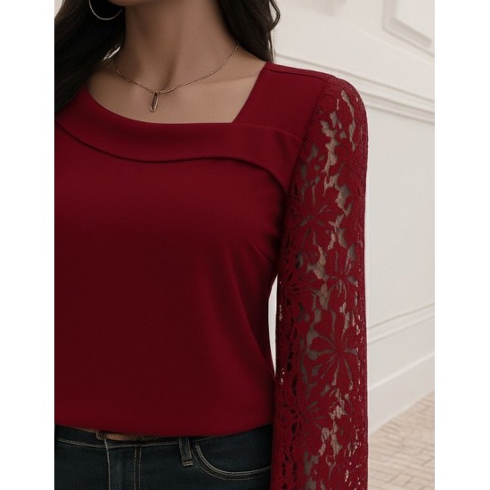 Kadın Uzun Kollu Asimetrik Yakalı Dantelli Ithal Krep Bluz , 29053 Kadın Uzun Kollu Asimetrik Yakalı Dantelli Ithal Krep Bluz , 29053