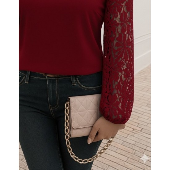 Kadın Uzun Kollu Asimetrik Yakalı Dantelli Ithal Krep Bluz , 29053 Kadın Uzun Kollu Asimetrik Yakalı Dantelli Ithal Krep Bluz , 29053