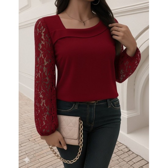 Kadın Uzun Kollu Asimetrik Yakalı Dantelli Ithal Krep Bluz , 29053 Kadın Uzun Kollu Asimetrik Yakalı Dantelli Ithal Krep Bluz , 29053