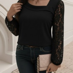 Kadın Uzun Kollu Asimetrik Yakalı Dantelli Ithal Krep Bluz , 29052