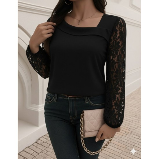 Kadın Uzun Kollu Asimetrik Yakalı Dantelli Ithal Krep Bluz , 29052 Kadın Uzun Kollu Asimetrik Yakalı Dantelli Ithal Krep Bluz , 29052