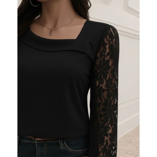 Kadın Uzun Kollu Asimetrik Yakalı Dantelli Ithal Krep Bluz , 29052 Kadın Uzun Kollu Asimetrik Yakalı Dantelli Ithal Krep Bluz , 29052
