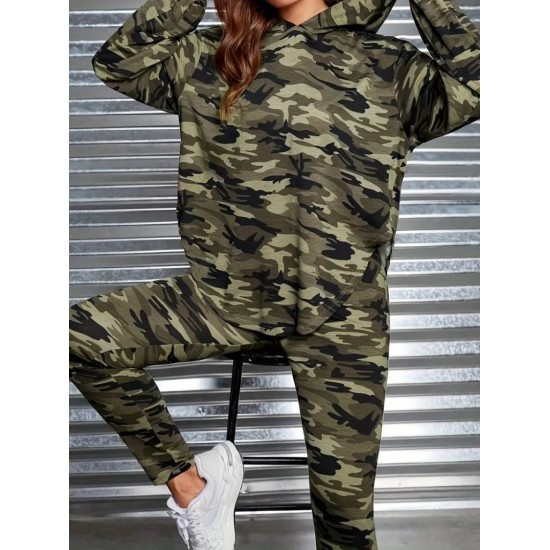 Kadın Uzun Kollu Kapşonlu Kamuflaj Desenli Bluz Ve Pantolon Tayt Ikili Takım , 29094
