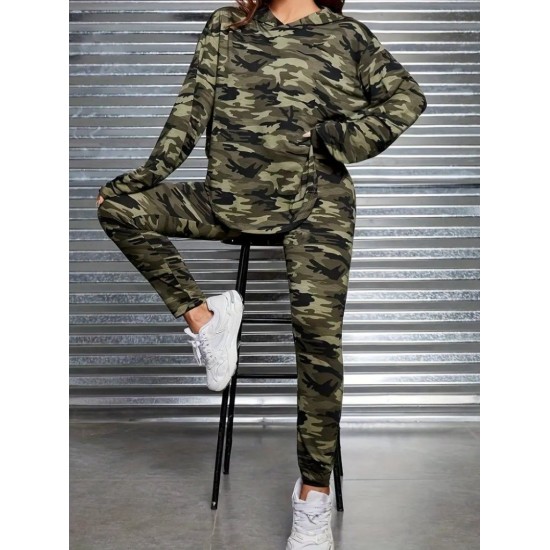 Kadın Uzun Kollu Kapşonlu Kamuflaj Desenli Bluz Ve Pantolon Tayt Ikili Takım , 29094